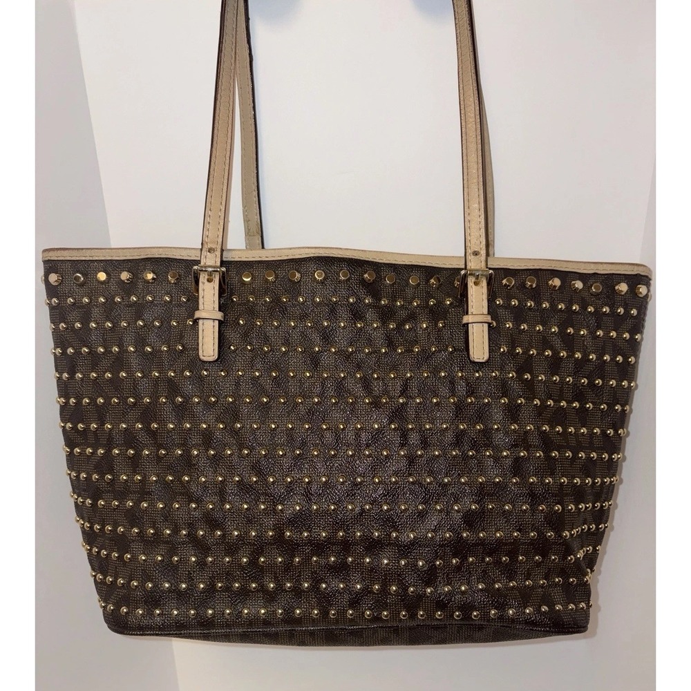 Michael Kors Jet Set Studded Travel Tote Shoulder Bag Gold Brown Leather
